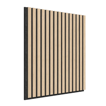 The Sonolok 15.5 ft sound-absorbing wall panel kit by Artika-CAN-dev features vertical, evenly spaced light wood slats on a black background, shown from a left-side angle.