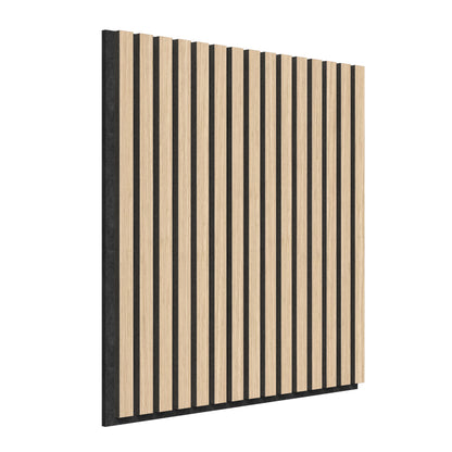 The Artika Sonolok 15.5 ft sound-absorbing wall panel kit features decorative vertical light wood slats with black gaps, shown angled against a white background.