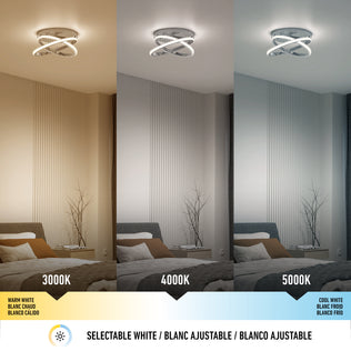 A bedroom features the Artika Orbia modern LED flush mount light 3 CCT, displaying selectable white lighting: warm (3000K), neutral (4000K), and cool (5000K) color temperatures.