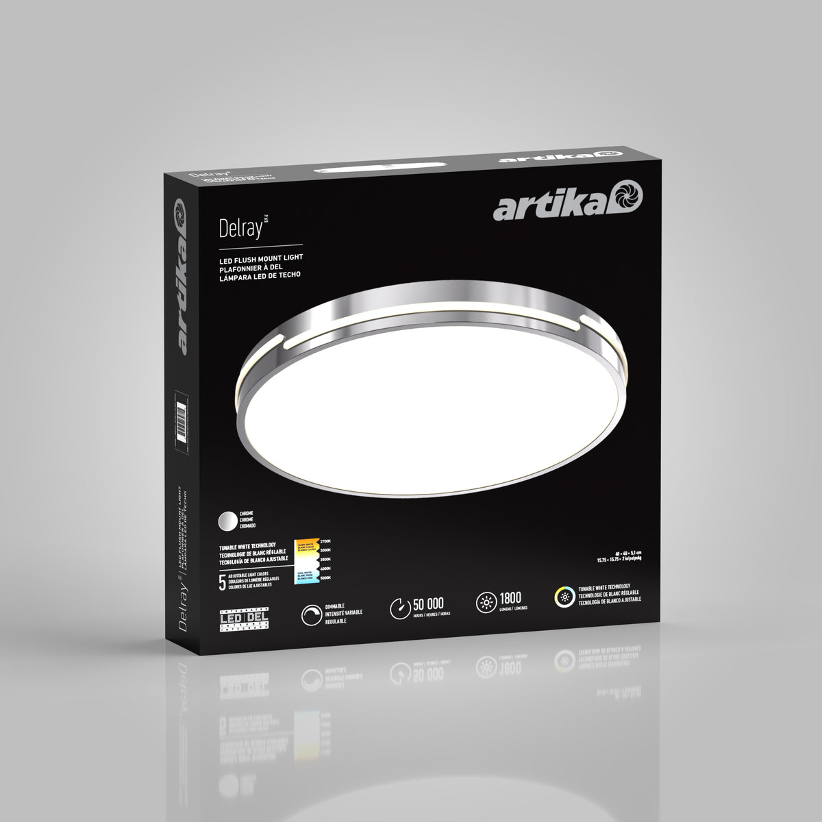 A black box for the Artika Delray 15.7 in. LED modern flush mount light 5 CCT shows the matte black round fixture, energy stats, adjustable color temperature, 50,000-hour lifespan, 1800 lumens, dimmable lighting, and a 5-year warranty.