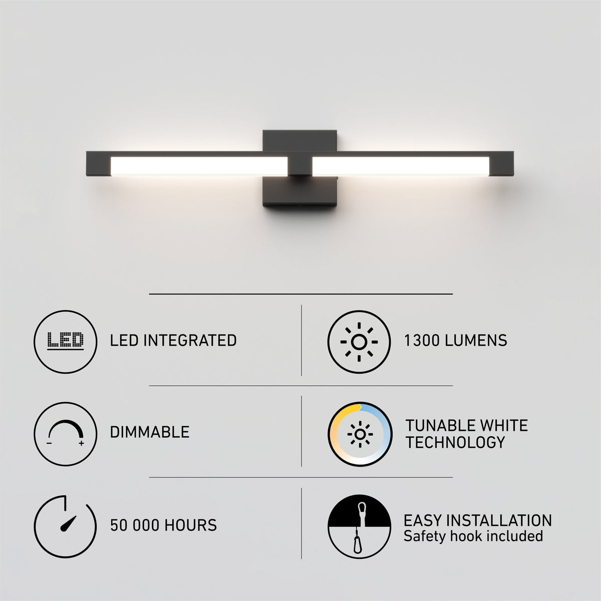 The Artika Tivoli modern LED bathroom vanity light 5 CCT is mounted on a white wall. Below, icons and text highlight its features: LED integrated, 1300 lumens, dimmable, tunable white technology, 50,000 hours lifespan, and easy installation.