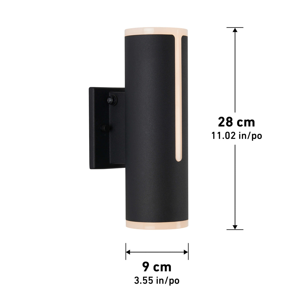 A modern black cylindrical wall light with narrow vertical cutouts and dimensions labeled: 28 cm (11.02 in) tall and 9 cm (3.55 in) wide, mounted on a rectangular black base.