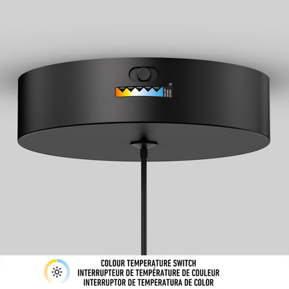 The Artika Barden 1-light LED pendant is a black ceiling fixture with a central cord and a 5-setting color temperature switch, shown by colored triangles. Below, Colour Temperature Switch appears in three languages.