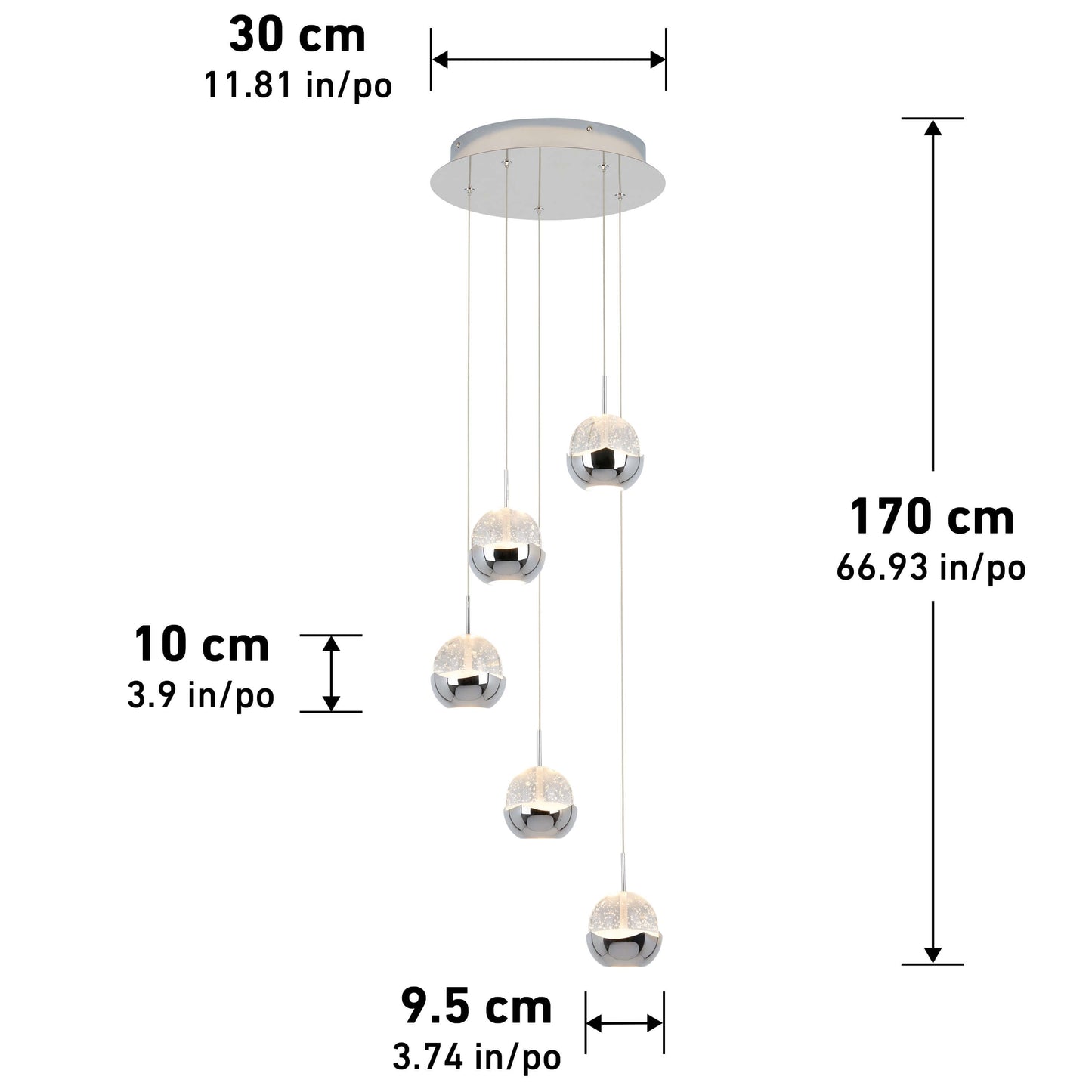 The Artika-CAN-dev Oracle modern 5-light LED pendant features five spherical lamps at varied heights. Dimensions: base diameter 30 cm, lamp diameter 9.5 cm, lamp height 10 cm, max hanging length 170 cm.