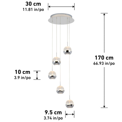 The Artika-CAN-dev Oracle modern 5-light LED pendant features five spherical lamps at varied heights. Dimensions: base diameter 30 cm, lamp diameter 9.5 cm, lamp height 10 cm, max hanging length 170 cm.