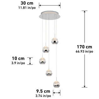 The Artika Oracle modern 5-light LED pendant features five globe-shaped lights hung at varying heights. Dimensions: canopy diameter 30 cm, pendants 9.5 cm wide, total fixture height 170 cm.