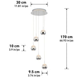 Modern pendant light fixture with five spherical lamps hanging at different heights from a round ceiling plate. Dimensions and heights are labeled in both centimeters and inches.