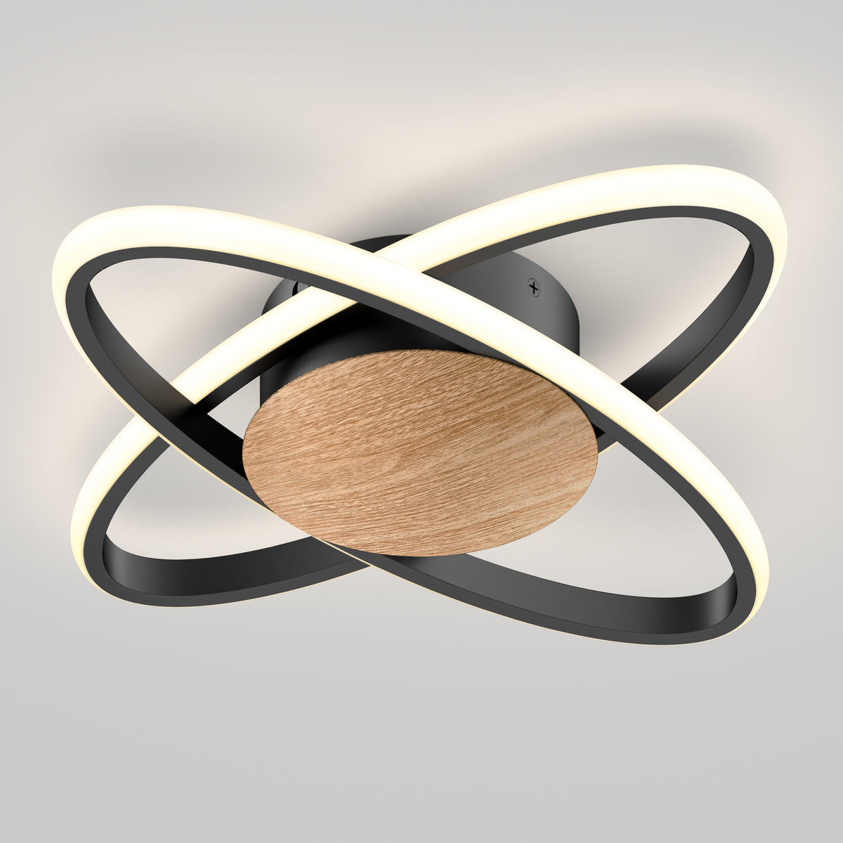 Modern ceiling light fixture with a circular wooden center and two intersecting black metal rings, each outlined with a strip of white LED lighting, mounted against a light gray ceiling.