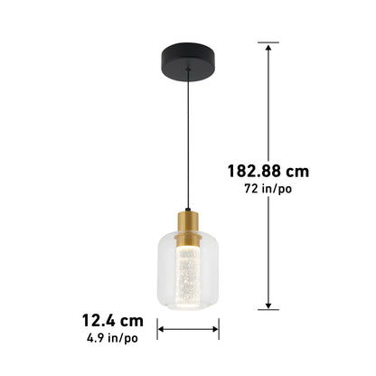 The Artika Champagne Globe modern LED pendant light features a clear glass shade, gold fixture, and black ceiling mount. It measures 12.4 cm wide and hangs 182.88 cm from the ceiling.