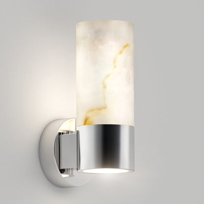 The Artika Marble LED contemporary sconce 5 CCT features a cylindrical frosted glass shade with marbled patterns and a chrome base, shown mounted on a light gray wall.