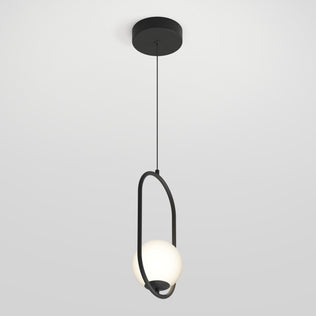 The Artika Bloom mid-century LED pendant light features a black circular ceiling mount, thin black cord, and round white globe encased in a sleek black oval frame, shown against a light gray background.