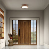 A modern entryway with a large wooden front door flanked by glass panels, a round light fixture on the ceiling, a window to the left, and a small table with a vase of dried plants and a bowl.