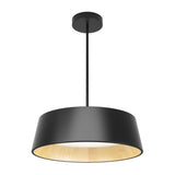 A modern black pendant light fixture with a wide, slightly angled lampshade and a light wood interior, suspended from the ceiling by a black rod.