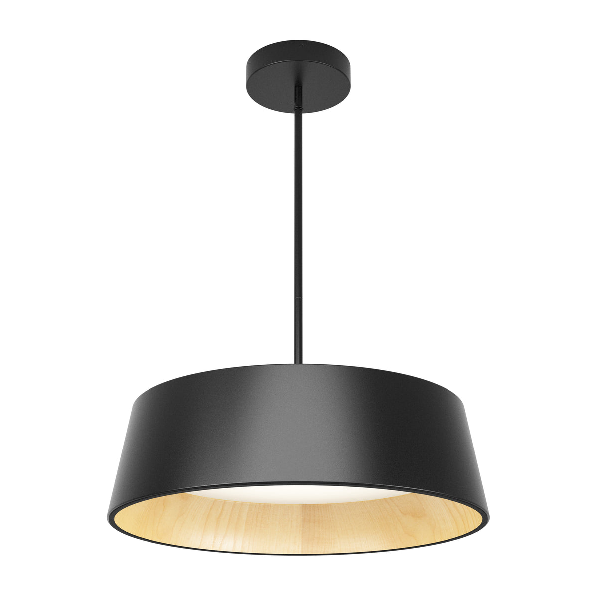 The Artika Alton modern LED pendant light 5 CCT features a wide, slightly angled black shade with a light wood interior, suspended from the ceiling by a slim black rod.