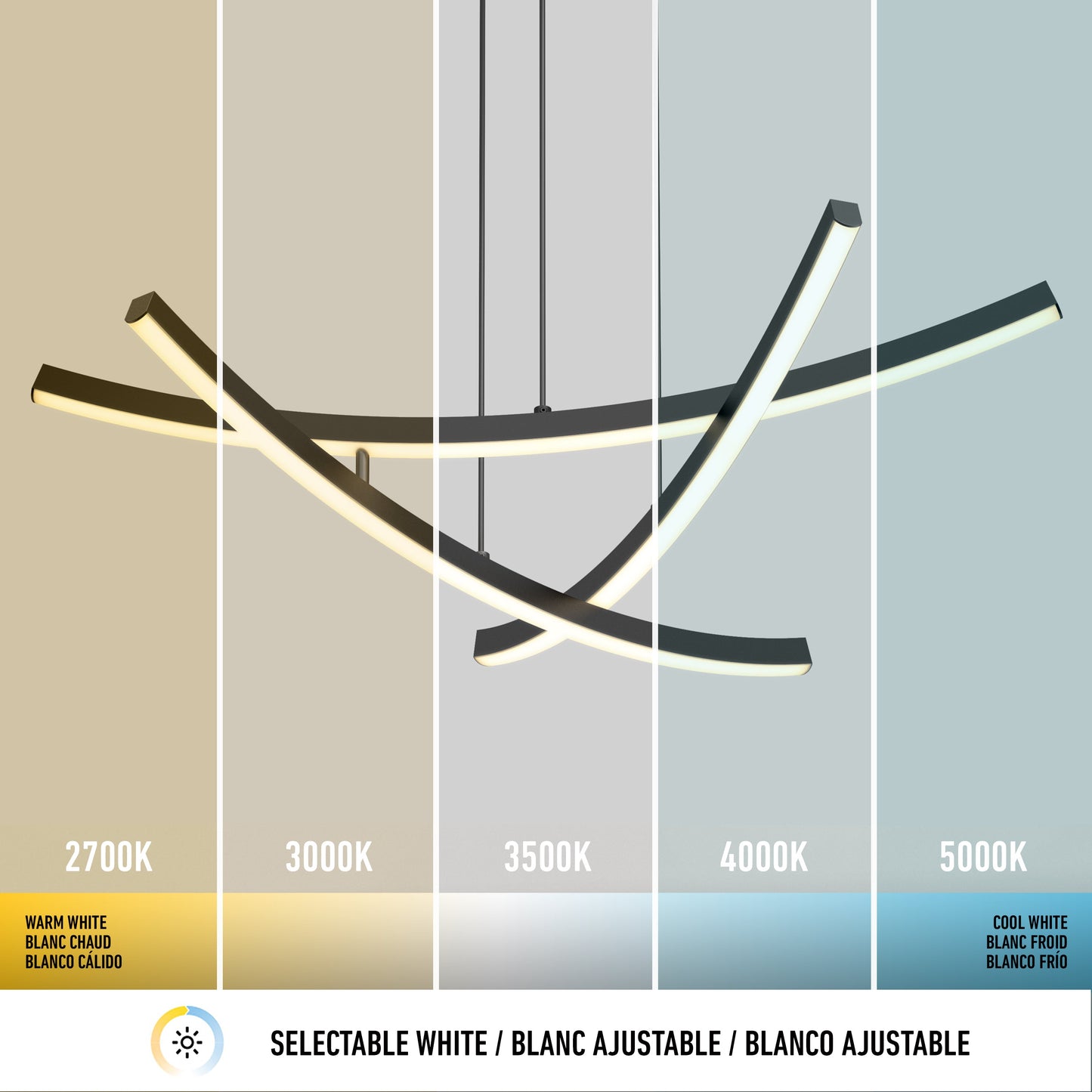 The Orly modern LED pendant light 5 CCT by Artika-CAN-dev is displayed in five lighting colors from warm white (2700K) to cool white (5000K), each labeled with its color temperature and shown in a gradient from yellow to blue.