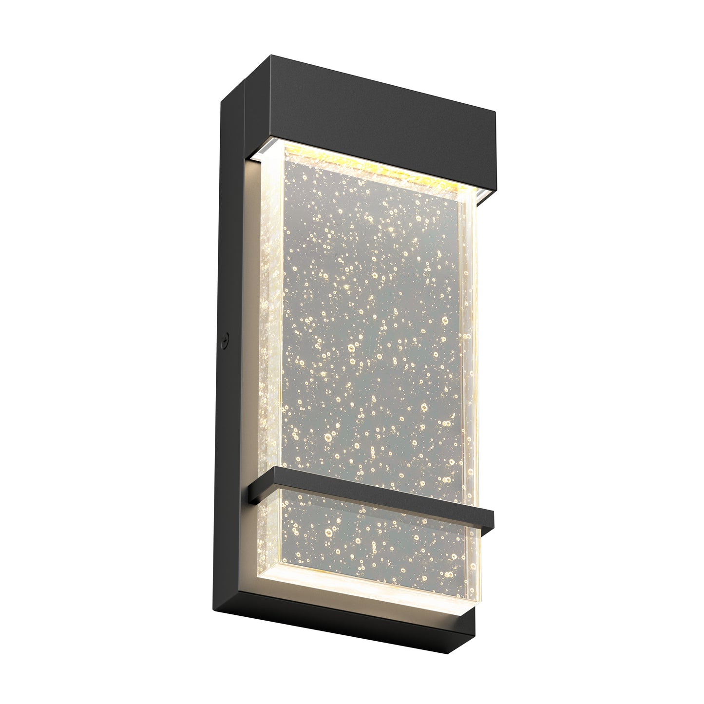 The Skyler indoor-outdoor LED wall light by Artika features a modern rectangular design with a black frame and a frosted glass panel adorned with bubble-like patterns, illuminated from within by energy-efficient LEDs.