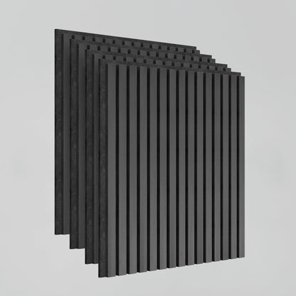 Four Sonolok 15.5 ft sound-absorbing wall panels by Artika-CAN-dev, featuring black vertical grooves, are arranged in a staggered stack against a plain light gray background.