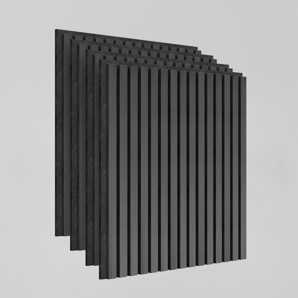 Four black, rectangular acoustic panels with evenly spaced vertical grooves are stacked at an angle against a plain, light gray background.