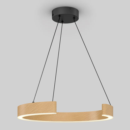 The Artika Vance modern LED pendant light 3 CCT features a partial wooden ring, integrated LED, and hangs from the ceiling by three black cables attached to a round black ceiling mount.