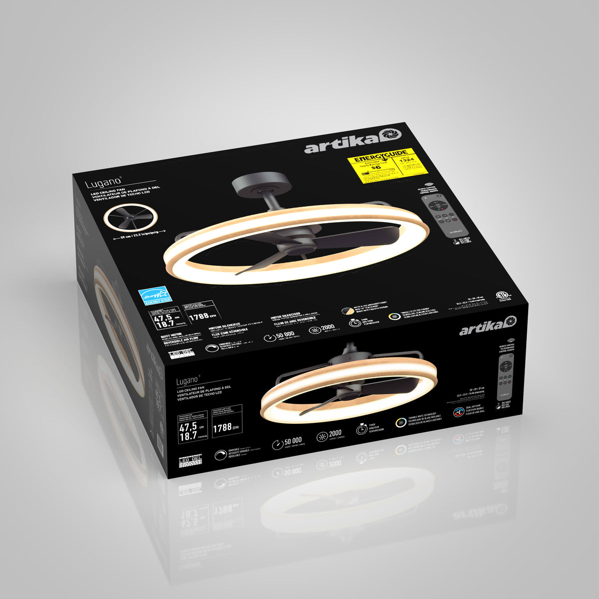 A black box for the Artika Lugano 23 in. LED modern ceiling fan with remote displays images and specs of the round ceiling fixture on the packaging.
