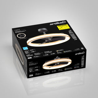 A black box for the Artika Lugano 23 in. LED modern ceiling fan with remote displays images and specs of the round ceiling fixture on the packaging.
