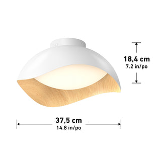 Adara 15 in. (38 cm) Modern LED Flush Mount Ceiling Light 5 CCT in white with a curved wood-look accent, including height and width dimension labels.