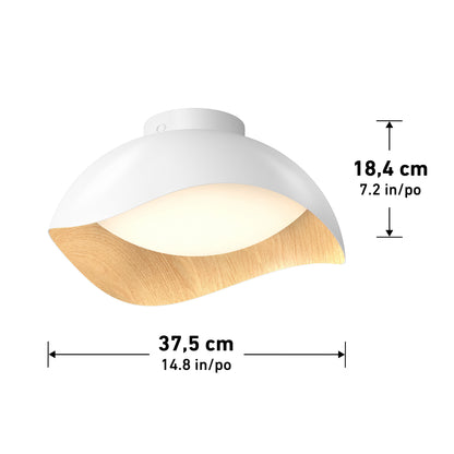 Adara 15 in. (38 cm) Modern LED Flush Mount Ceiling Light 5 CCT in white with a curved wood-look accent, including height and width dimension labels.