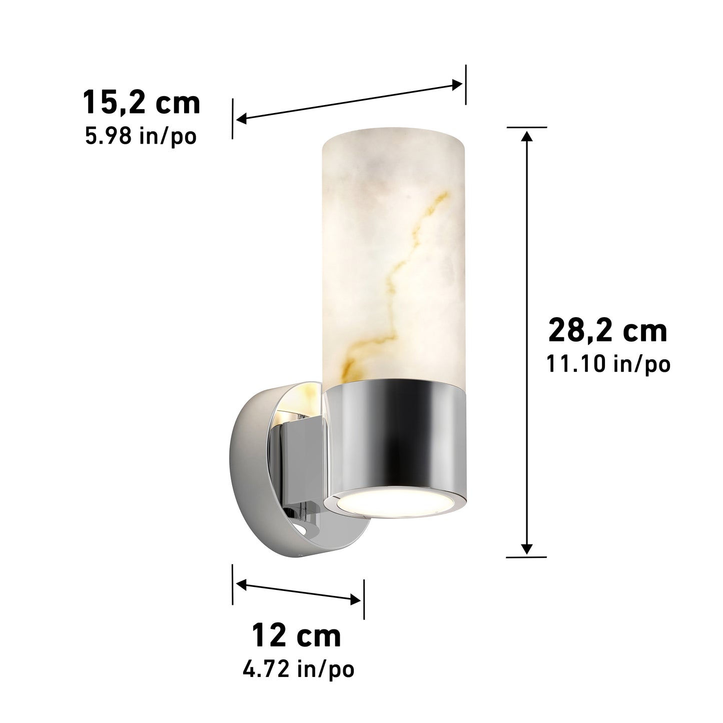 The Artika Marble LED contemporary sconce 5 CCT features a wall-mounted cylindrical design with a marble-patterned glass shade and chrome base, measuring 28.2 cm tall, 15.2 cm deep, and 12 cm wide.
