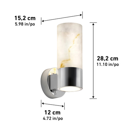 The Artika Marble LED contemporary sconce 5 CCT features a wall-mounted cylindrical design with a marble-patterned glass shade and chrome base, measuring 28.2 cm tall, 15.2 cm deep, and 12 cm wide.