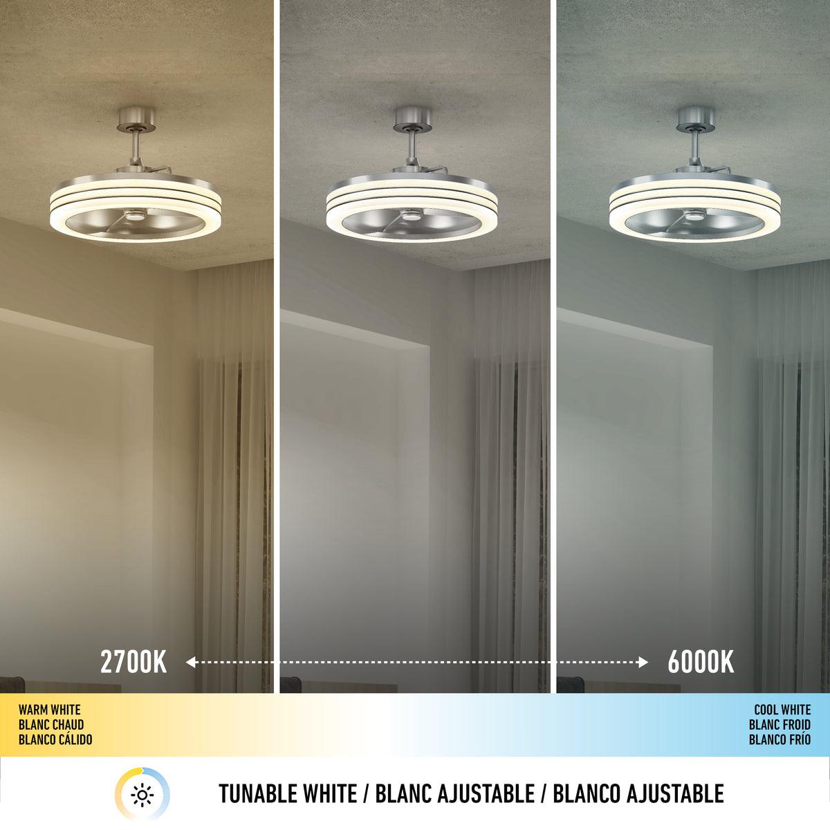 Ceiling fan light with three panels showing color temperature: warm white (2700K), neutral white, and cool white (6000K). Text and a color spectrum bar indicate tunable white light options.