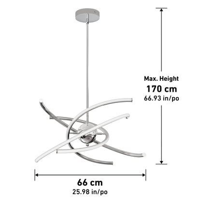 The Artika Silvio LED pendant light 3 CCT features curved chrome arms, mounts to the ceiling, measures 66 cm (25.98") wide, and extends up to 170 cm (66.93") in height.
