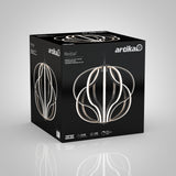 A black box with white accents featuring the Artika Meridian pendant LED light fixture, showcasing images of the modern, sculptural light on multiple sides of the packaging.