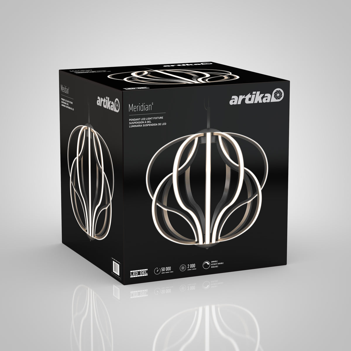 A black Artika box showcases the Meridian LED pendant light, known for its modern curved look and illuminated edges. Key features and specs are provided at the bottom of the packaging.