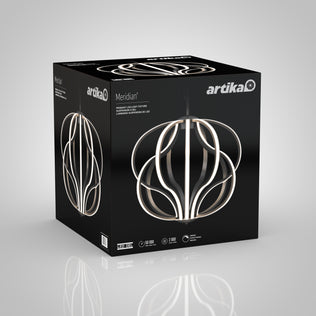 A black Artika box showcases the Meridian LED pendant light, known for its modern curved look and illuminated edges. Key features and specs are provided at the bottom of the packaging.