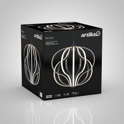 A black Artika box showcases the Meridian LED pendant light, known for its modern curved look and illuminated edges. Key features and specs are provided at the bottom of the packaging.