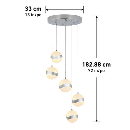 The Artika Wavey 5-light LED pendant features five spherical lamps suspended at different heights. It measures 33 cm (13 in) wide and hangs 182.88 cm (72 in) from the ceiling.