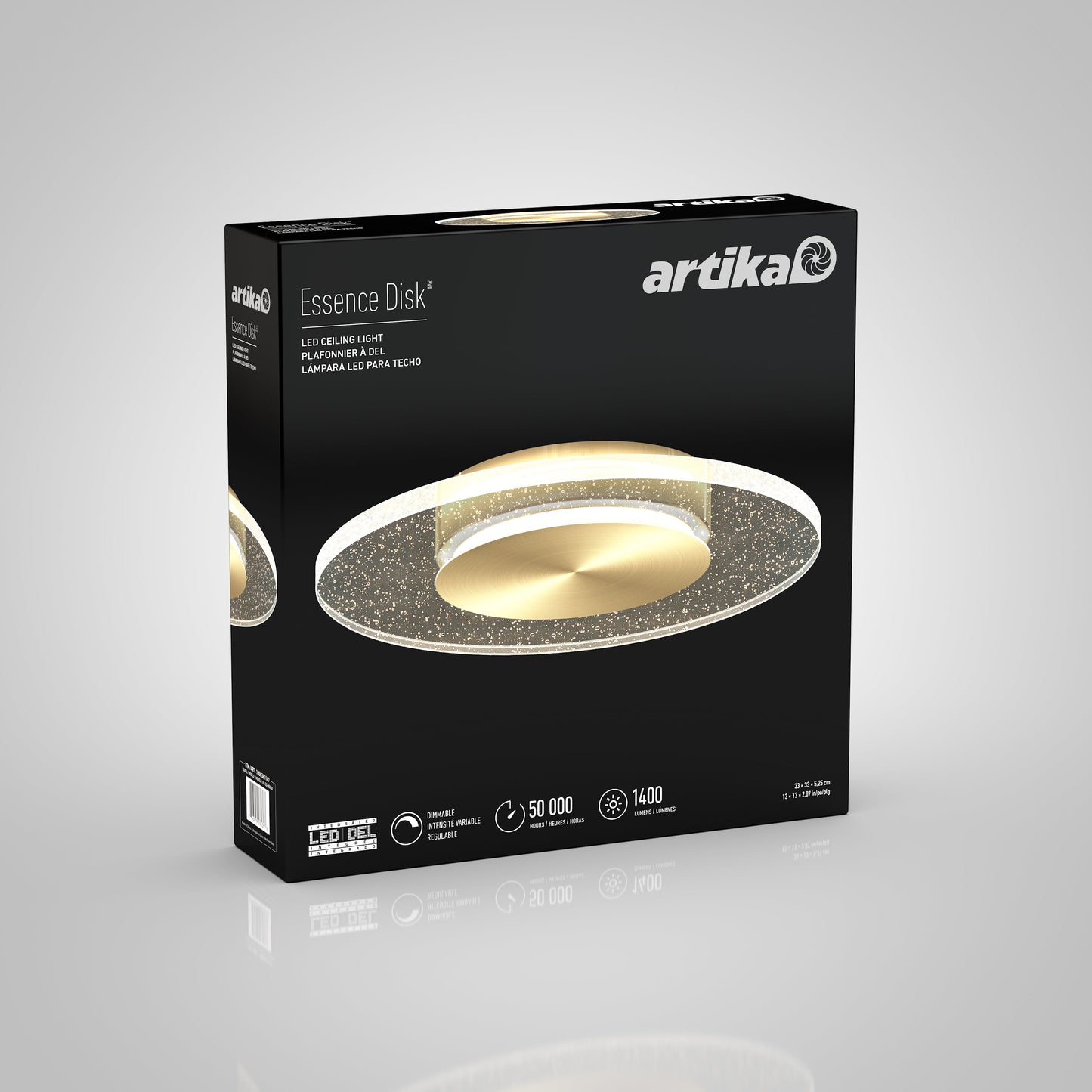 A black Artika-CAN-dev box showcases the Essence Disk LED flush mount, depicting the round fixture’s gold center and haloed glass diffuser. Lifespan and lumens are listed at the bottom of the packaging.