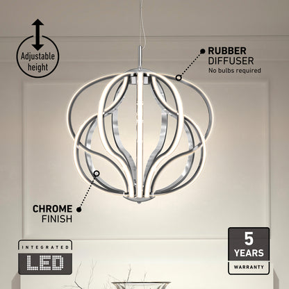 Meridian LED pendant light, an abstract chrome fixture with integrated strips, adjustable height, rubber diffuser, and 5-year warranty.