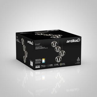 A black Artika Vivaldi modern LED 4-light pendant 5 CCT box with images and specs on the sides is displayed on a light grey reflective surface.