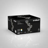 A black box with the brand name artika and images of a modern chandelier called Vivaldi. The box displays product features and specs, including LED lights, brightness, and energy efficiency on a white background.