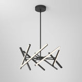 A modern black chandelier with intersecting linear LED light bars, suspended from the ceiling on a single rod, against a plain white background.