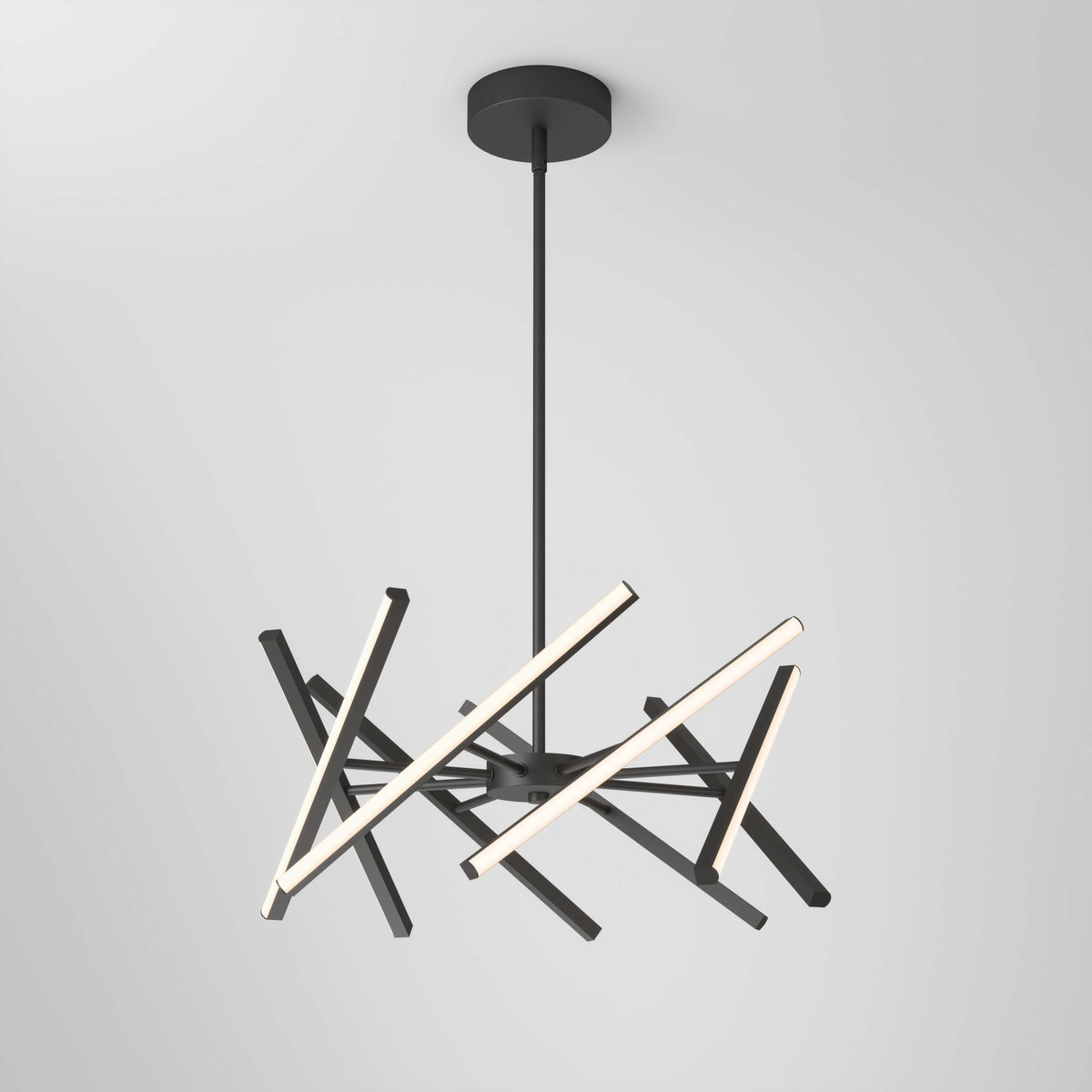 The Artika Malibu LED pendant light 3 CCT features a modern black design with intersecting linear LED bars, suspended from the ceiling by a central rod, shown against a plain white background.