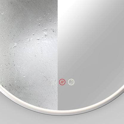 The Artika Royce LED mirror 3 CCT with defogger features touch buttons for anti-fog and lighting at the bottom edge, keeping one side clear and fog-free while the other shows typical condensation.