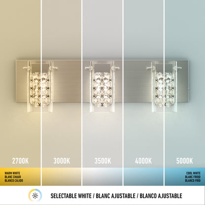 The Artika Crystal Cube LED bathroom vanity light 5 CCT is shown wall-mounted, with five sections displaying color temperatures—2700K (warm white), 3000K, 3500K, 4000K, and 5000K (cool white)—each labeled and translated below.
