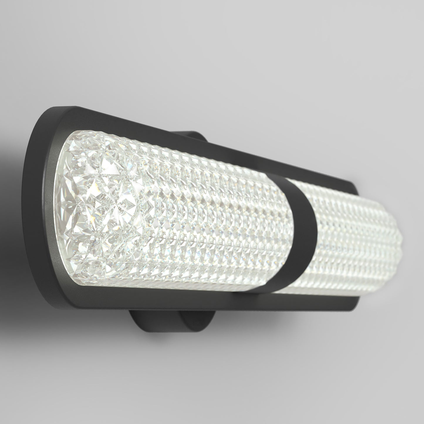 The Artika Carat LED contemporary bathroom vanity light features a cylindrical, textured glass shade and sleek black frame, offering adjustable white light with 3 CCT settings for modern wall-mounted style.