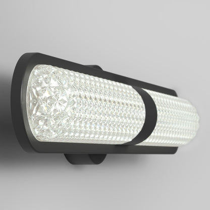 The Artika Carat LED contemporary bathroom vanity light features a cylindrical, textured glass shade and sleek black frame, offering adjustable white light with 3 CCT settings for modern wall-mounted style.