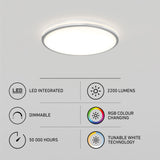 A modern round LED ceiling light is shown lit on a white ceiling. Features listed include LED integrated, dimmable, 50,000 hours lifespan, 2200 lumens, RGB color changing, and tunable white technology.