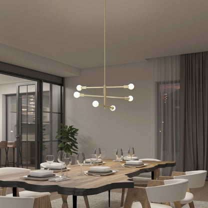 A modern dining room features a wooden table for six, white chairs, large windows with dark curtains, and an Artika Aristo LED 5 CCT pendant light as a gold chandelier with round bulbs. There’s also a view into another room.