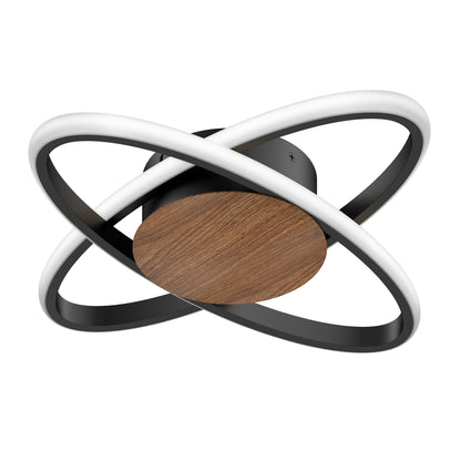 The Artika Atomic 15 in. LED flush mount light features two overlapping LED rings with black metal frames, a central circular wood accent, and a round black base. Offers 5 CCT options for customizable lighting.