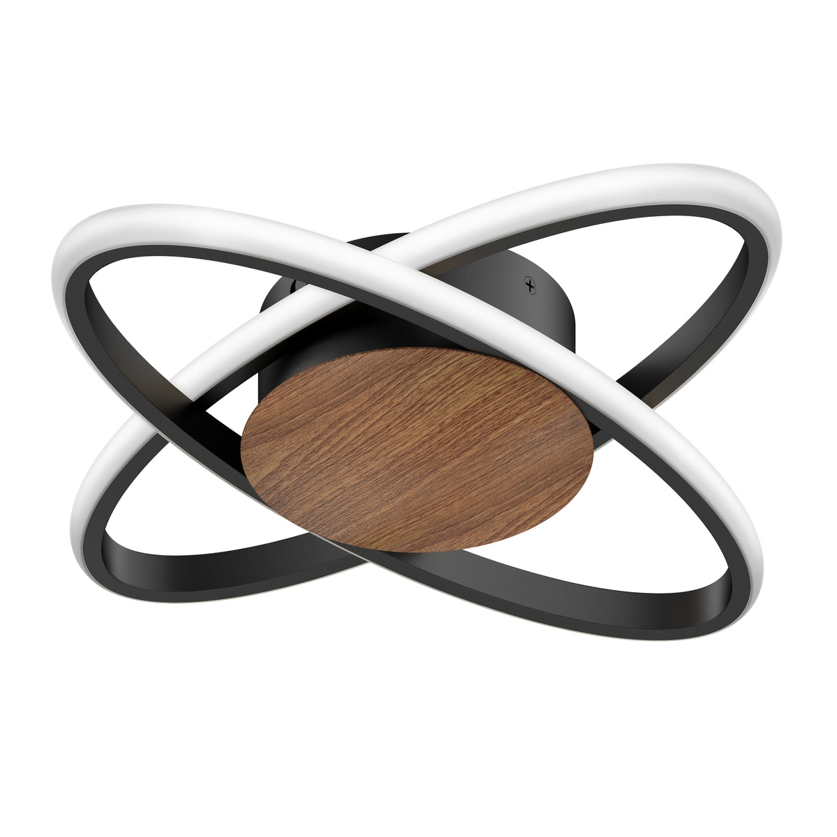 A modern ceiling light fixture with two interlocking oval LED rings, a black base, and a circular wood accent in the center. The design combines black, white, and wood tones for a contemporary look.